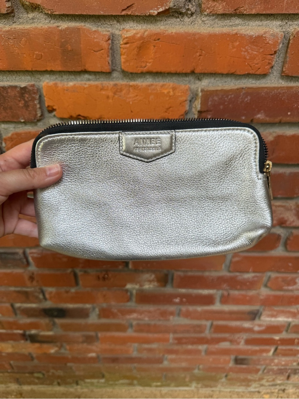 Aimee Kestenberg Silver Leather Zipper Cosmetic Pouch
